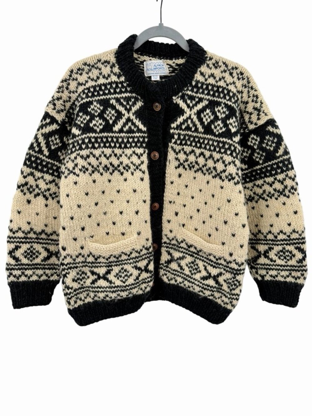 ALPACA IMPORTS Steamboat Springs Black White Fair Isle Wool Cardigan Sweater
